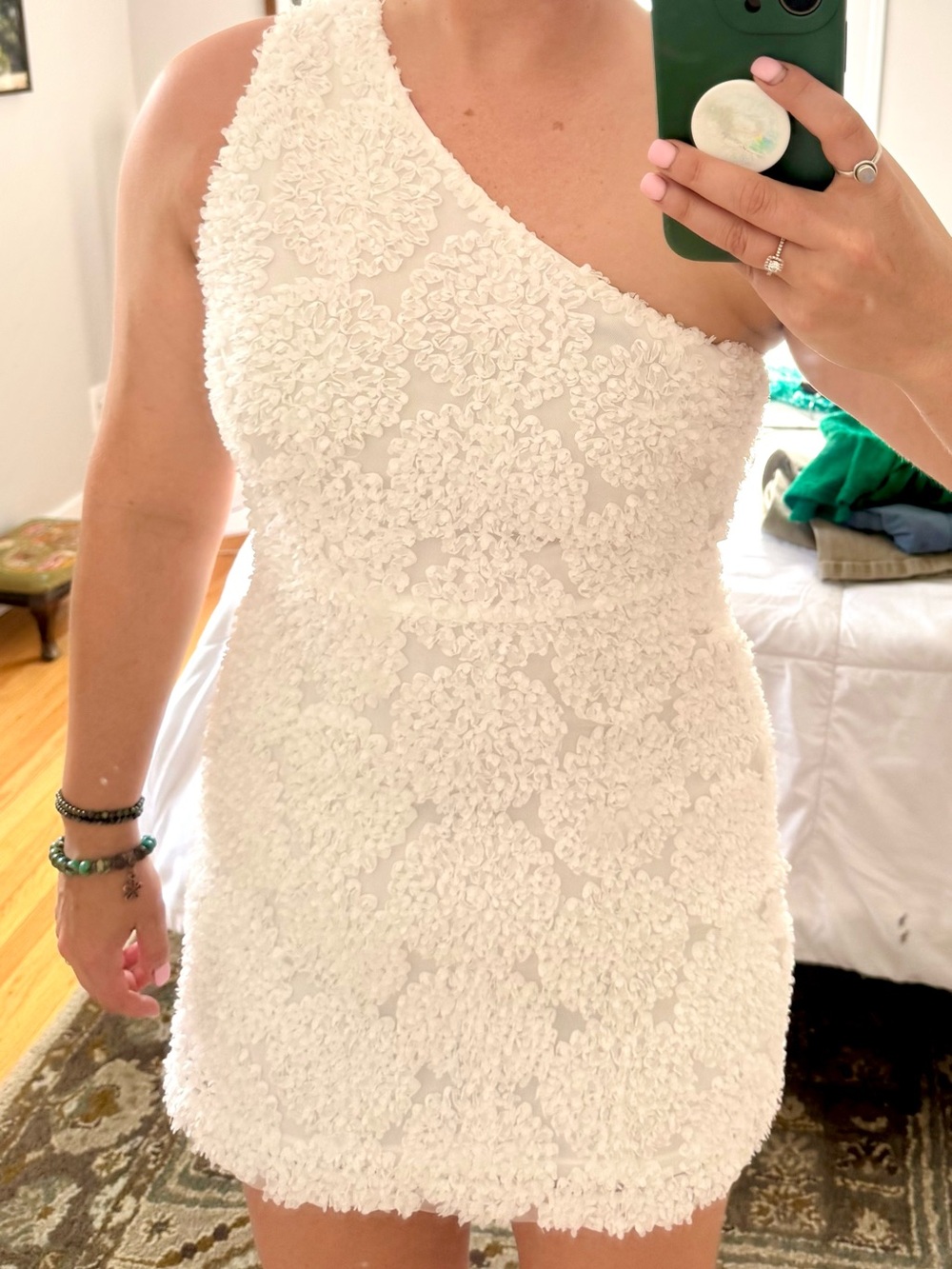 She + Sky One-Shoulder White Textured Mini Dress